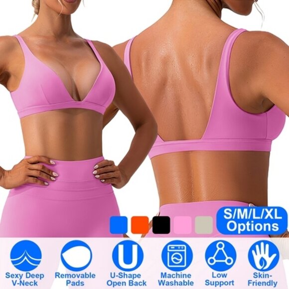 Women Deep V-Neck Sports Bras U-Shaped Back Sport Bras Padded - Picture 8 of 8